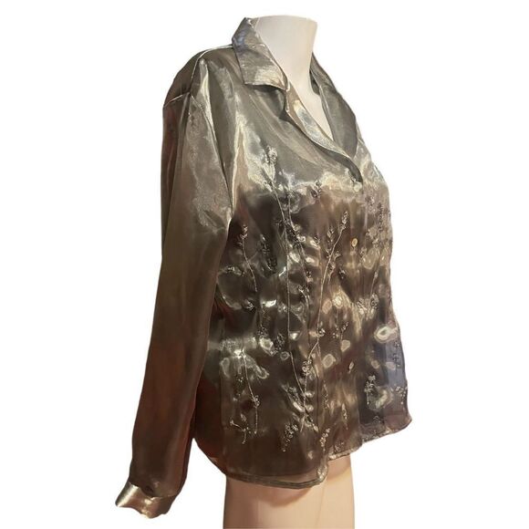 Womens Silver Embellished Button Up Blouse SZ M Floral Beaded - Picture 2 of 12